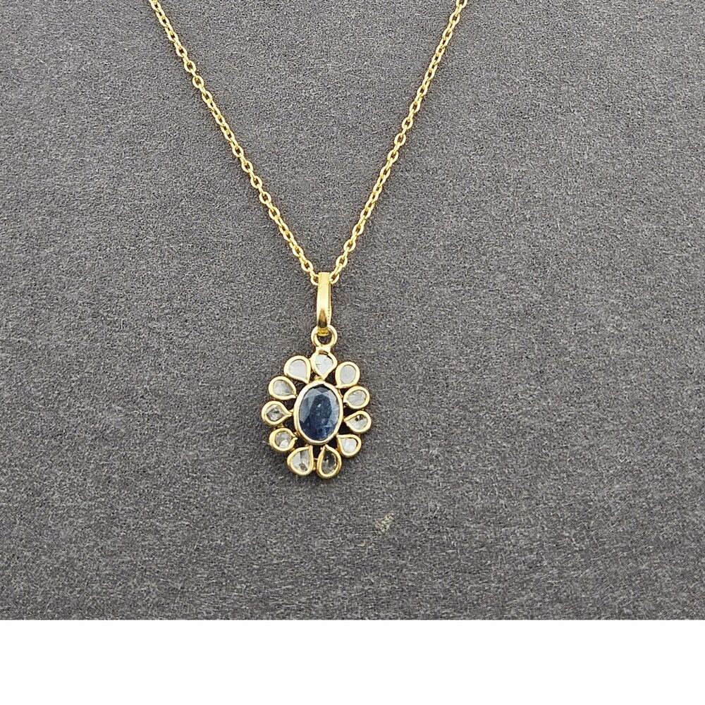 Gold Plated 925 Silver Necklace Blue Starburt Pendant Abstract Floral Peacock